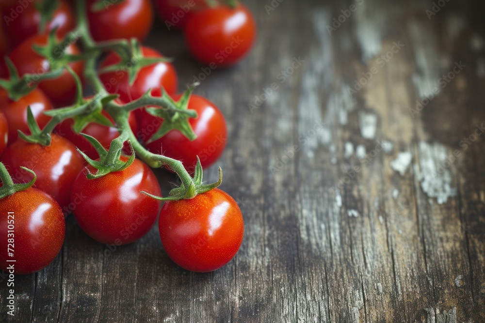 Low angle. Plum tomatoes- cherry tomatoes on old textured wooden table. Low angle. Plum tomatoes- cherry tomatoes on old textured wooden table.