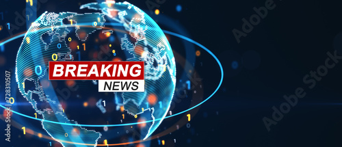 Wide format Breaking News live broadcast graphic on digital world map. 3D Rendering