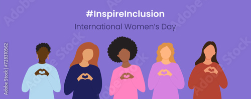 Inspire Inclusion slogan International Women's Day 8 march 2024. Iwd world campaign. Vector women's characters on violet background.