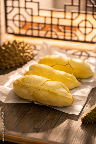 Ripe Durian special selectedcondition,on wood background. Durian fruit on a wooden table Fresh durian tasty durian in Thailand.