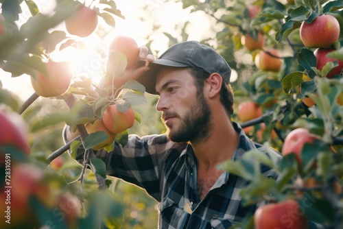 Man standing in apple orchard, picking apples from tree. Apple harvest in autumn. 