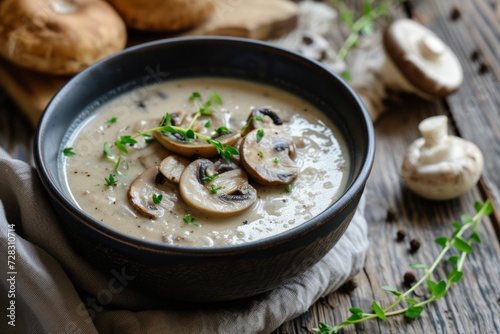 Mushroom cream soup on wooden background, close up 