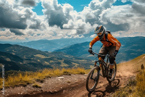 Mountain biker riding downhill in the mountains.  © Straxer