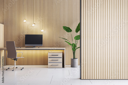Fototapeta Naklejka Na Ścianę i Meble -  Elegant home office design with wooden details and decorative plant. Workspace aesthetic. 3D Rendering