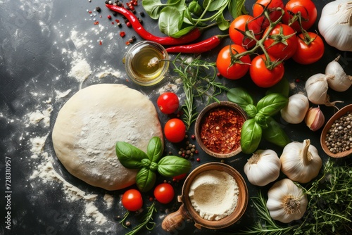 Pizza cooking ingredients. Dough, vegetables and spices