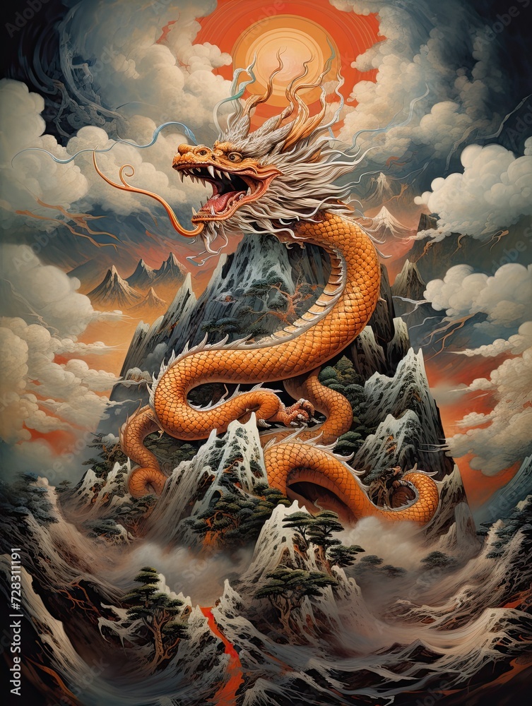Dragon Festival Peaks: Majestic Asian Mountain Landscape Art