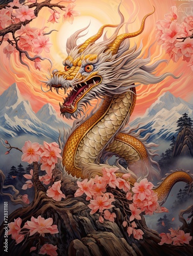 Asia's Majestic Dragon Festival: Mountain Landscape Art with Dragons atop Festival Peaks © Michael