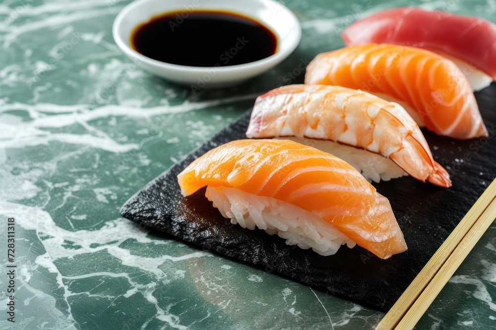Salmon and Tuna sushi with soy sauce over green marble background Salmon and Tuna sushi with soy sauce over green marble background