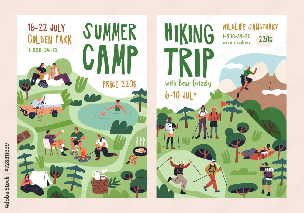 Fototapeta premium Summer camp, holiday hiking, posters designs. Outdoor adventure, trips, advertising cards, promotion banners templates. Campsite, backpacking and nature travel backgrounds. Flat vector illustrations