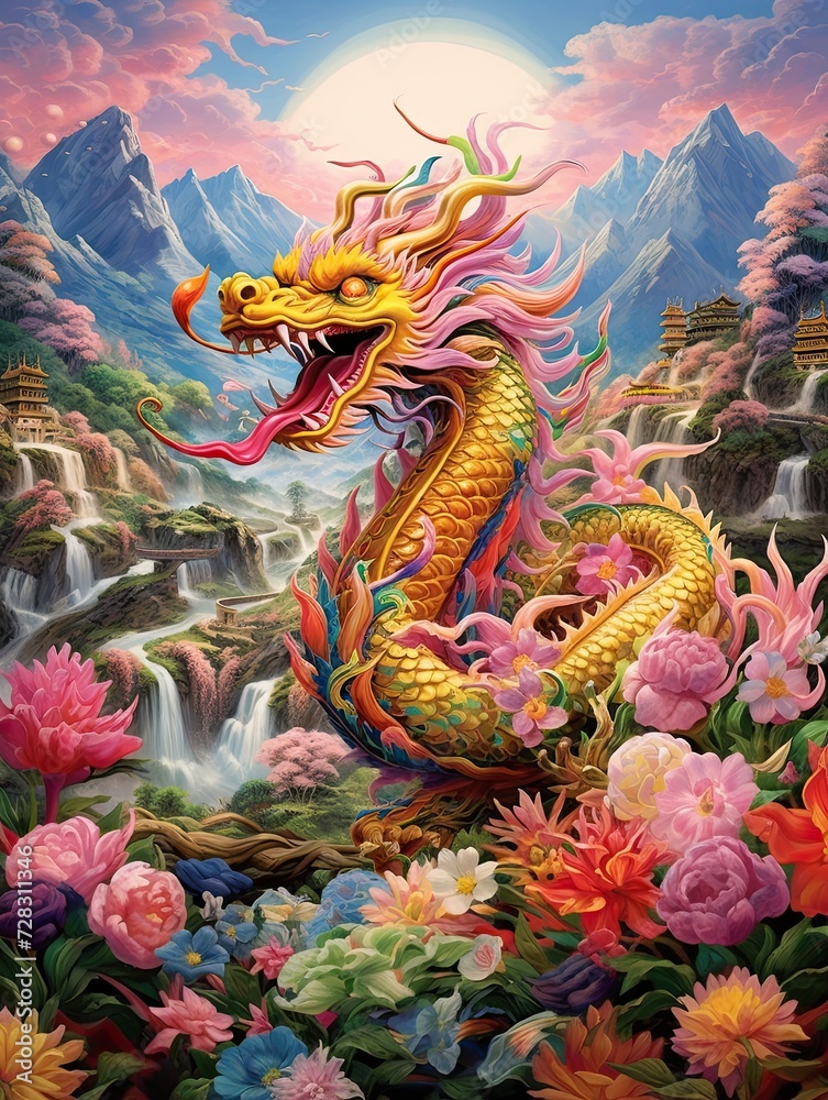 Asian Dragon Festival Art: Valley Landscape and Dragon Parades Asian Dragon Festival Art: Valley Landscape and Dragon Parades