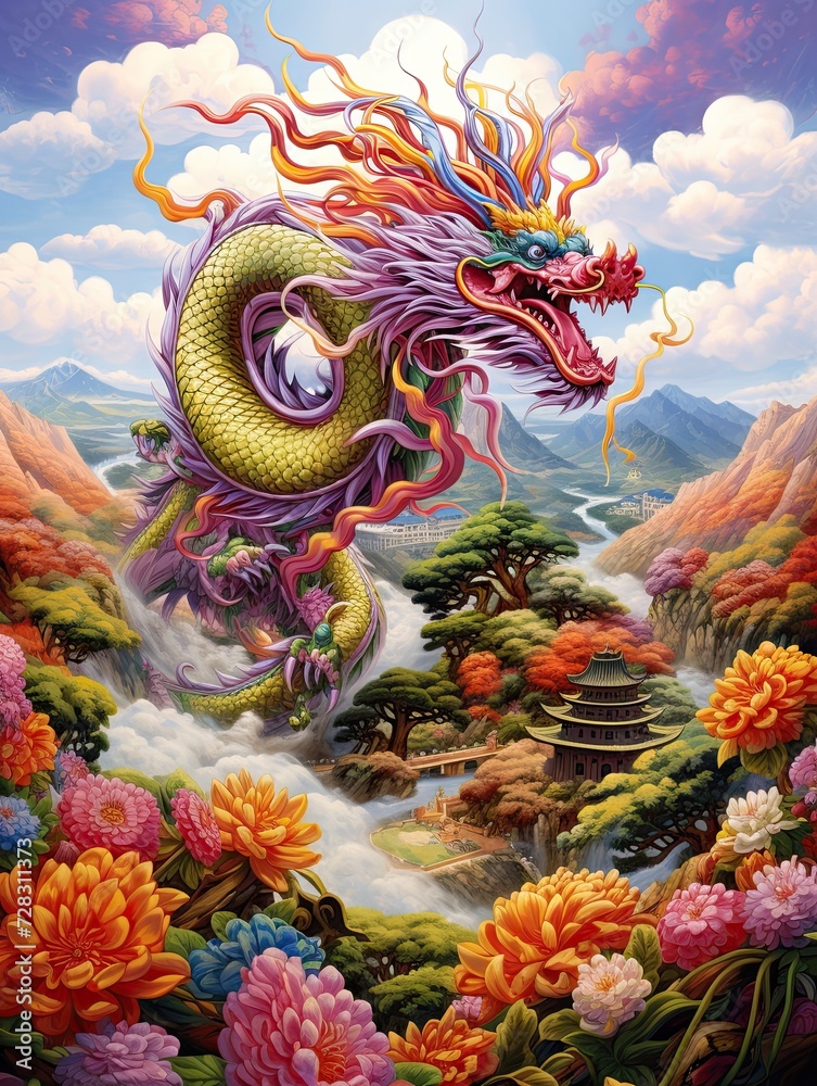 Fototapeta premium Dragon Valley Spectacle: Captivating Asian Dragon Festival Art Landscape