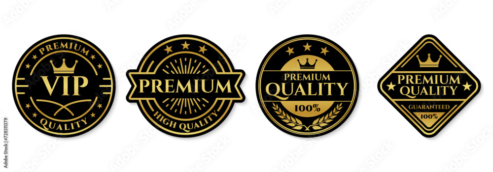 Premium quality stamp, label or logo set. 100 percent VIP, high quality emblems with crown and stars. Vector illustration.