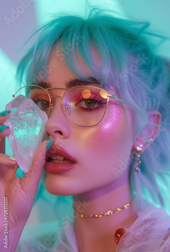 Fashionable young woman with vibrant blue hair and trendy glasses holding a luminous crystal