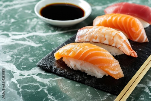 Salmon and Tuna sushi with soy sauce over green marble background 