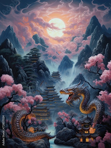 Twilight Dragon Dance: Asian Dragon Festival Art Showcasing Moonlit Rituals and Landscape © Michael