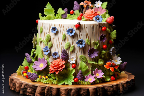 Cake in the shape of a tree stump on a wooden tray. 
