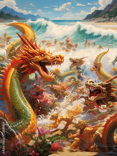 Asian Dragon Festival: Dragons Dancing on Tropical Beach Shores