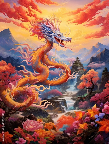 Asian Dragon Festival Art Valley Landscape: Majestic Dragons Weaving through Vibrant Valley Parades © Michael