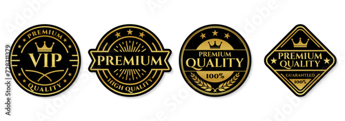 Premium quality stamp, label or logo set. 100 percent VIP, high quality emblems with crown and stars. Vector illustration.