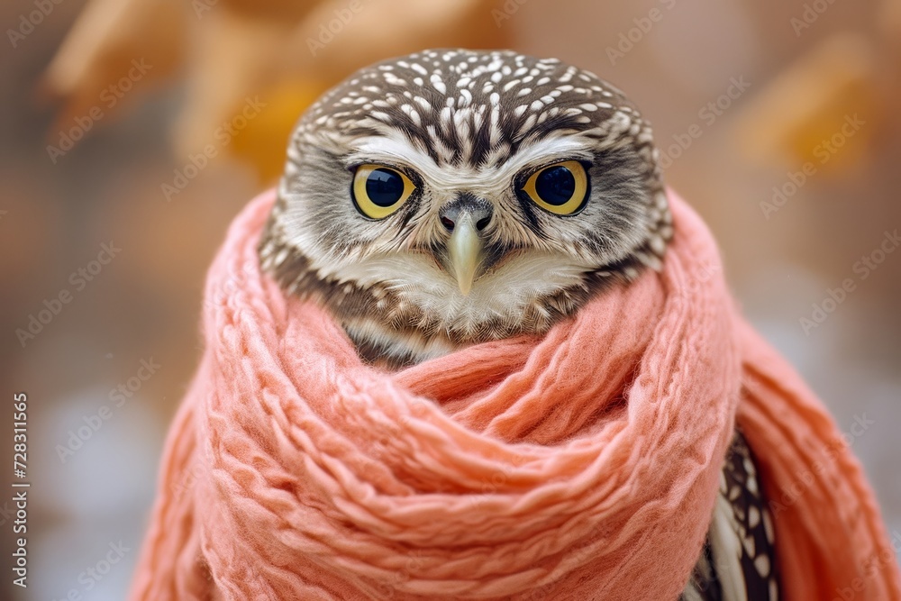 Obraz premium Amidst the crisp autumn air, a majestic owl stands perched in a vibrant orange and red scarf, its piercing eyes surveying the wilderness