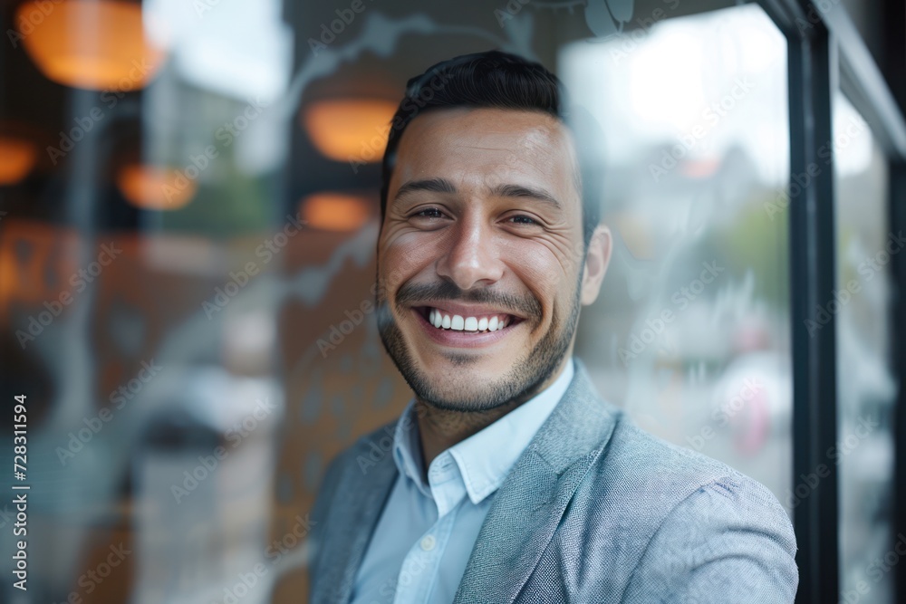 Fototapeta premium Smiling businessman wearing blazer seen through glass