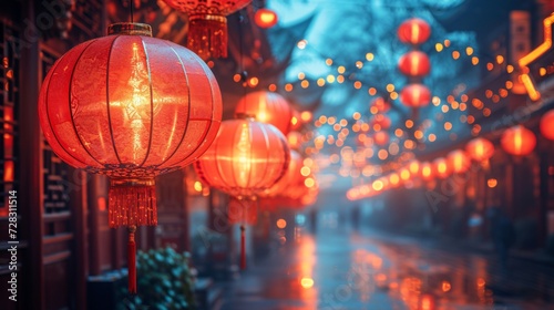 Chinese New Year Celebration Red Lanterns and Ornaments Illuminate the Night Sky Generative AI