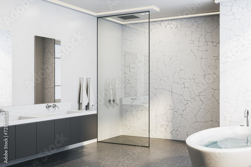 New light marble bathroom interior. Hotel and interior designs concept. 3D Rendering.