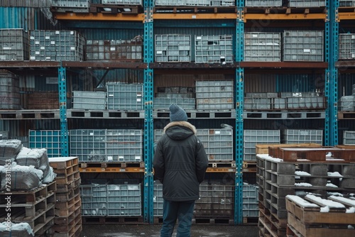 A lone worker in winter clothing inspects metal crates at an industrial site