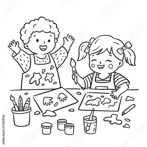 Kids drawing at kindergarten illustration in cartoon doodle style. Cute smiling toddlers boy and girl doing mess with paints. Black coloring book page on white background