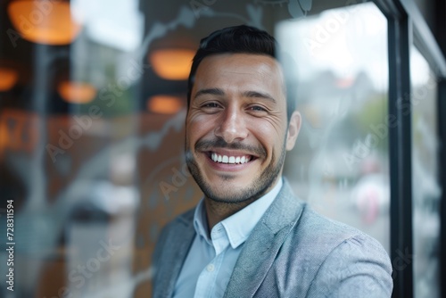 Smiling businessman wearing blazer seen through glass