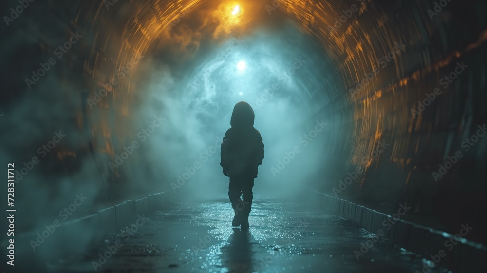 boy walking through a dark tunnel