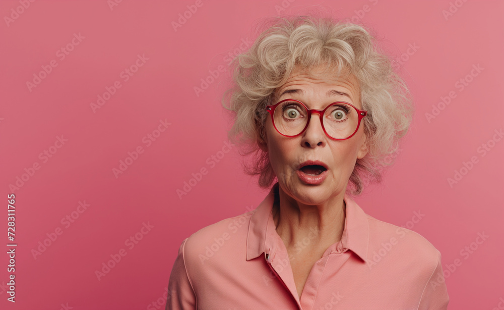 Mature Woman with Glasses and Big Hair on Pink Background Mature Woman with Glasses and Big Hair on Pink Background