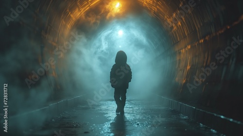 boy walking through a dark tunnel