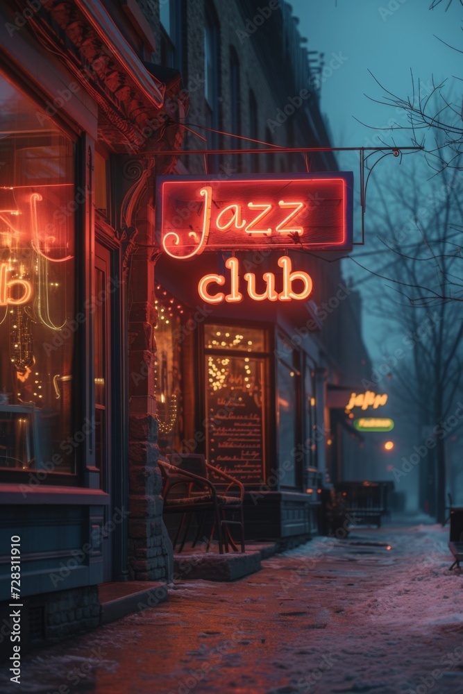 Tableau sur aluminium avec Neon sign of a jazz club glowing warmly on a snowy city street at dusk #728311910
