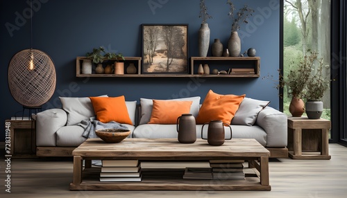 Modern Farmhouse Living Room with Rustic Barn Wood Coffee Table and Terra Cotta Accents