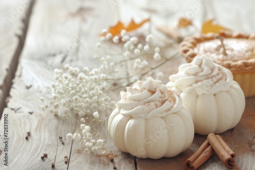 This is a close up photo of three white pumpkins with Babys Breath flowers on a wood table background with Pumpkin pie and cinnamon whip cream. 