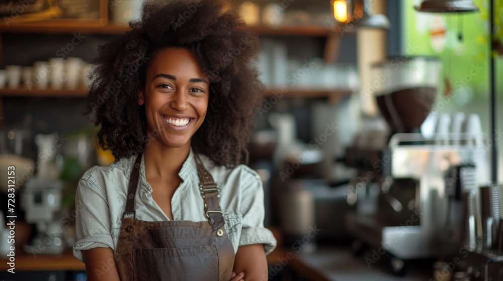 Smiling Afro American woman barista in a cozy coffee shop