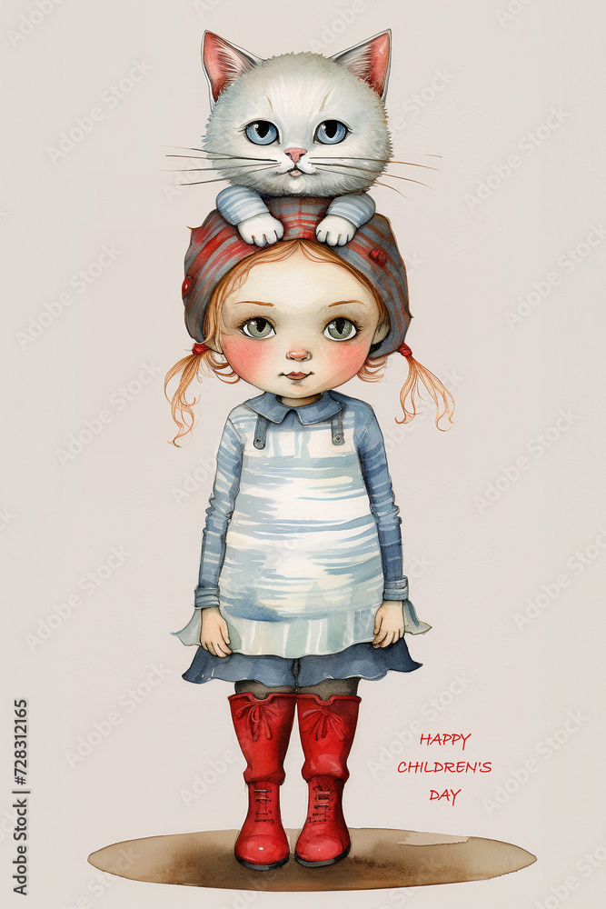 Baby girl play with white cat on light background. Friendship concept Baby girl play with white cat on light background. Friendship concept