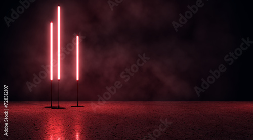 Intense red neon lights in a dark atmospheric setting with reflective floor. Energy concept. 3D Rendering photo