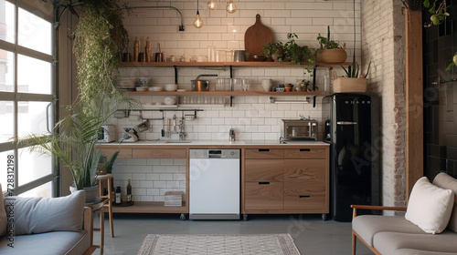 A compact, minimalist kitchenette with open shelving, a small fridge, and a clean, white backsplash.  photo