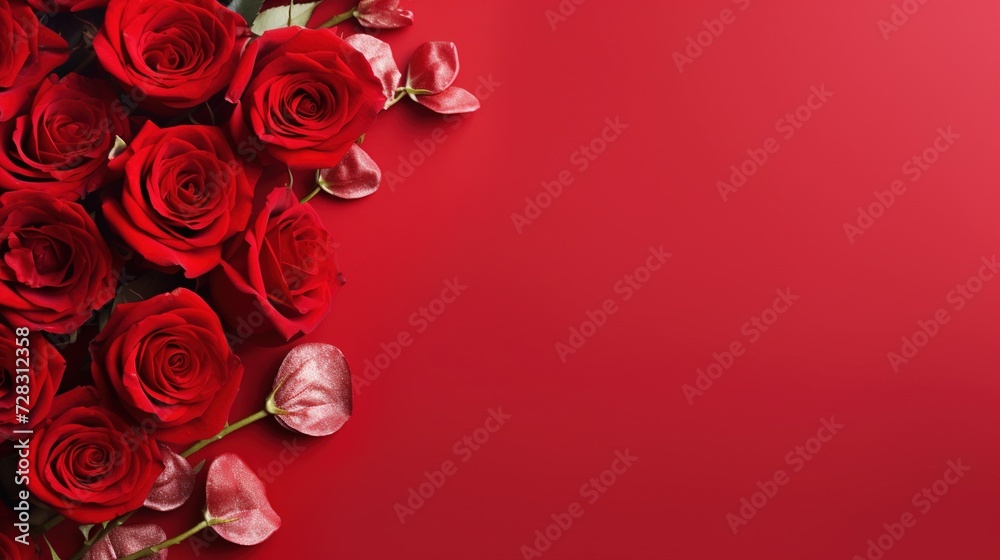 Valentine's Day banner with blank space for text top view red background with red rose and love background concep