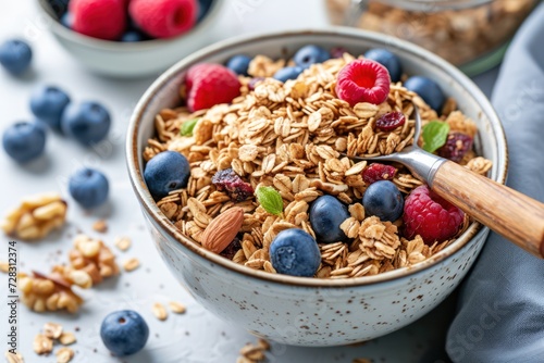 This is a close up photograph of granola being poured out of a scooper surrounded by a bowl of blueberries and raspberries and nuts sitting on an old white wood retro table