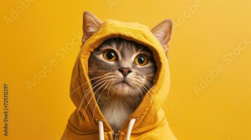 Funny cat in yellow hoodie  creative minimal concept on yellow background. Hipster cat kitten in fashionable outfit for sale  poster  shopping  advert  veterinary clinic.