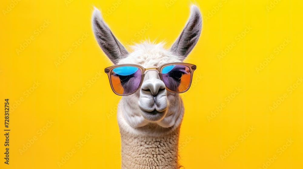 Obraz premium Funny lama in sunglasses, creative minimal concept on yellow background. Hipster lama in fashionable outfit for sale, shopping, advert