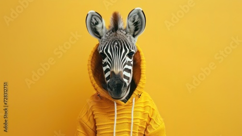 Funny zebra in yellow hoodie  creative minimal concept on yellow background. Hipster zebra in fashionable outfit for sale  shopping  advert