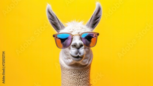 Funny lama in sunglasses, creative minimal concept on yellow background. Hipster lama in fashionable outfit for sale, shopping, advert © Happy Lab