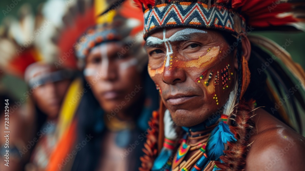 Close-up of Amazonian indigenous men with traditional face paint and headdress