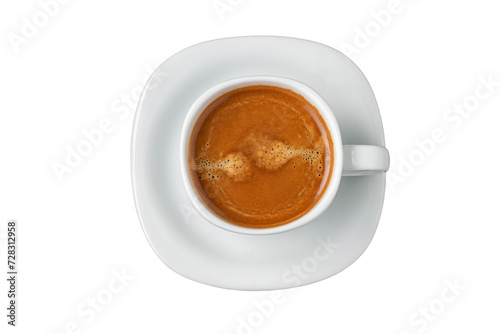 Fresh espresso coffee together decorated with coffee beans on white background
