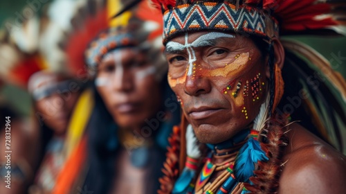Close-up of Amazonian indigenous men with traditional face paint and headdress