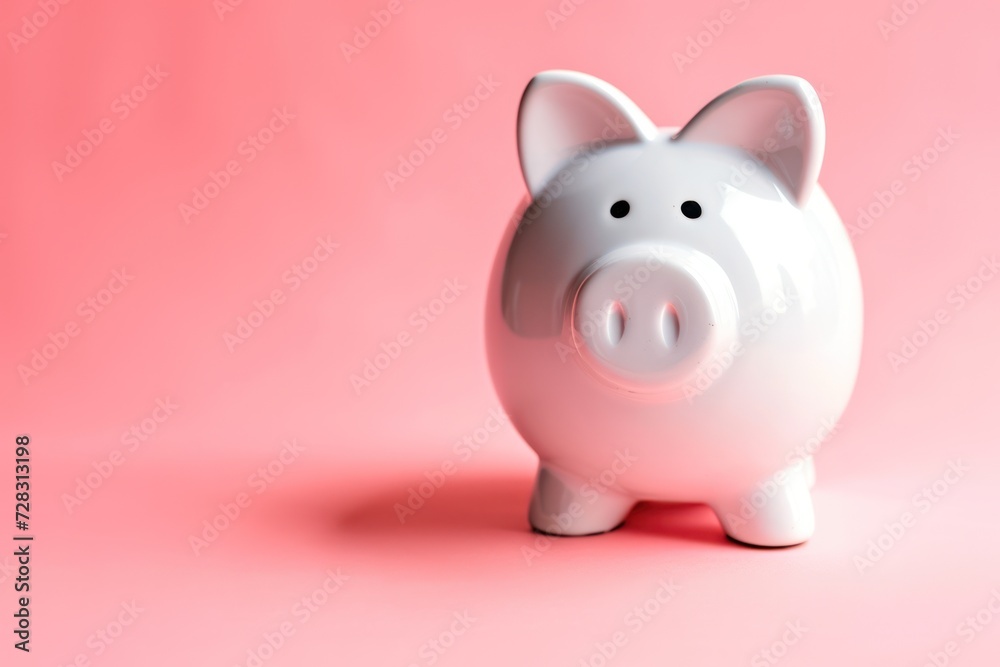 This is a photo of a large white piggy bank with 3D glasses on a pink background. This is a concept photo related to finance and entertainment This is a photo of a large white piggy bank with 3D glasses on a pink background. This is a concept photo related to finance and entertainment